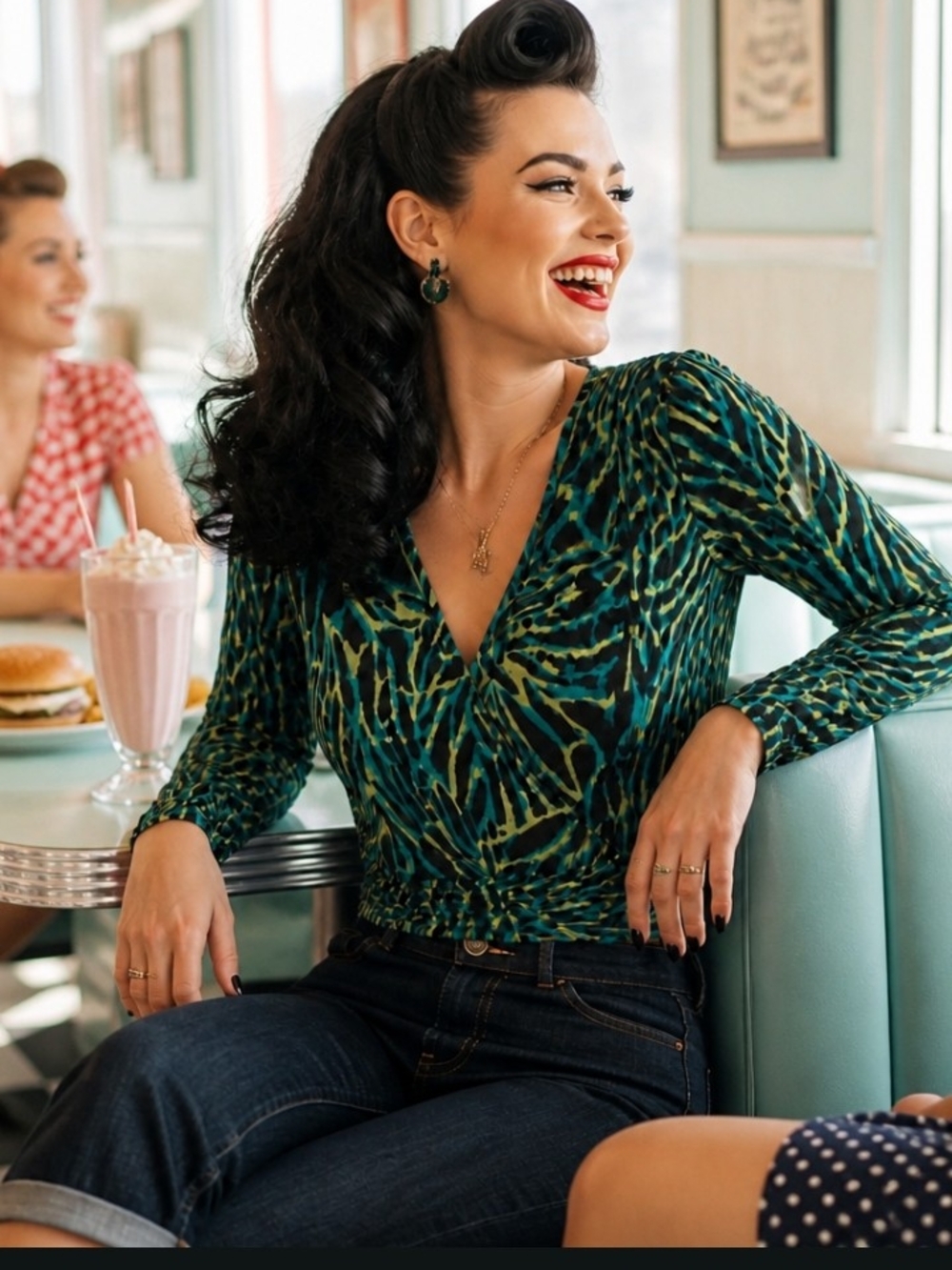 Marc Bouwer Teal and Green Animal-Print Wrap Blouse
